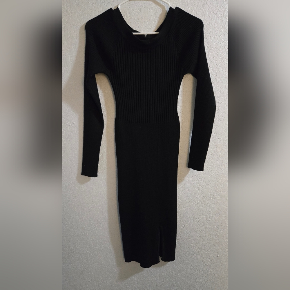 Toms Black Ribbed Bodycon Dress Scoop Neck Long Sleeve
